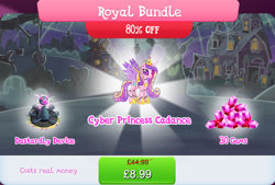 Size: 1266x857 | Tagged: safe, imported from derpibooru, princess cadance, alicorn, pony, robot, robot pony, bundle, costs real money, english, female, gameloft, gem, horn, mare, numbers, official, princess botdance, roboticization, sale, solo, solo focus, spread wings, text, tree, wings