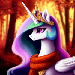 Size: 1024x1024 | Tagged: safe, editor:dovakkins, imported from derpibooru, princess celestia, alicorn, pony, autumn, beautiful, bust, clothes, cute, female, forest, forest background, jewelry, machine learning generated, portrait, purplesmart.ai, regalia, scarf, smiling, solo, stable diffusion