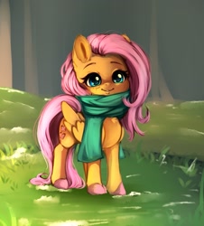 Size: 2180x2416 | Tagged: safe, artist:miokomata, imported from derpibooru, fluttershy, pegasus, pony, chest fluff, clothes, colored hooves, cute, female, freckles, freckleshy, grass, grass field, high res, looking at you, mare, scarf, shyabetes, simple background, smiling, smiling at you, snow, solo, weapons-grade cute