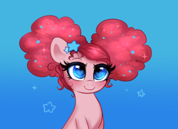 Size: 1280x934 | Tagged: safe, artist:confetticakez, imported from derpibooru, pinkie pie, earth pony, pony, alternate hairstyle, blue background, cute, diapinkes, ethereal mane, female, heart, heart eyes, mare, pinkie puffs, simple background, smiling, solo, starry mane, stars, wingding eyes