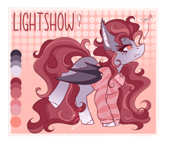 Size: 1356x1094 | Tagged: safe, artist:ezzerie, imported from derpibooru, oc, oc:lightshow, bat pony, abstract background, baggy sweater, clothes, gradient, long mane, looking up, pink background, raised leg, redesign, reference sheet, short, signature, simple background, smiling, smol, solo, sweater