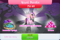 Size: 1268x854 | Tagged: safe, idw, imported from derpibooru, princess cadance, alicorn, pony, bundle, bush, chains, costs real money, crown, ear piercing, english, evil cadance, eyeshadow, female, gameloft, gem, horn, idw showified, jewelry, lilypad, lock, makeup, mare, mirror universe, necklace, numbers, official, piercing, regalia, sale, solo, solo focus, spread wings, text, tree, water, wings
