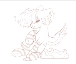 Size: 663x560 | Tagged: safe, artist:tttips!, derpibooru exclusive, imported from derpibooru, oc, pegasus, pony, clothes, low quality, monochrome, patch, pegasus oc, question mark, short hair, socks, solo, spread wings, striped socks, wings