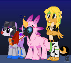 Size: 1237x1098 | Tagged: safe, artist:wheatley r.h., derpibooru exclusive, imported from derpibooru, oc, oc only, oc:myoozik the dragon, oc:twi clown, oc:w. rhinestone eyes, axolotl, changeling, dragon, unicorn, blue changeling, bowtie, changeling oc, clone, clothes, clown makeup, costume, dragon oc, female, gradient background, honeypot changeling, horn, male, mare, non-pony oc, rockstar, simple background, single panel, stallion, starscream, sunglasses, transformers, unicorn oc, vector, watermark