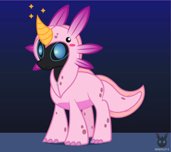 Size: 1237x1098 | Tagged: safe, artist:wheatley r.h., derpibooru exclusive, imported from derpibooru, oc, oc only, oc:w. rhinestone eyes, axolotl, changeling, blue changeling, changeling oc, clothes, costume, gradient background, honeypot changeling, horn, male, simple background, single panel, solo, stallion, vector, watermark