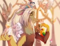 Size: 788x600 | Tagged: safe, artist:deepfantasy6, idw, imported from derpibooru, discord, bee, bird, butterfly, cockatiel, draconequus, insect, rabbit, squirrel, spoiler:comic, spoiler:g5comic, animal, g5, heart, horn, my little pony: a new generation, old man discord, reginald fursome, signature, tree