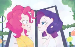 Size: 1024x641 | Tagged: safe, artist:r-pie, imported from derpibooru, pinkie pie, rarity, human, the gift of the maud pie, bedroom eyes, blushing, female, grin, humanized, lesbian, looking at each other, looking at someone, looking into each others eyes, menu, raripie, screenshot redraw, shipping, smiling, sweat, sweatdrops