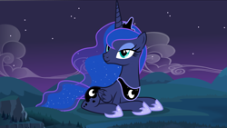 Size: 3840x2160 | Tagged: safe, artist:dashiesparkle, artist:matty4z, imported from derpibooru, princess luna, alicorn, pony, crown, ethereal mane, female, giant alicorn, giant pony, giantess, high res, hoof shoes, jewelry, macro, mare, mega giant, mega luna, mountain, mountain range, night, peytral, princess shoes, regalia