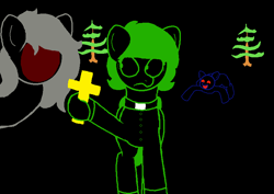 Size: 820x582 | Tagged: safe, artist:jerkface, imported from ponybooru, oc, oc:blocky bits, oc:chroma key, oc:dozy doc, earth pony, monster pony, cross, faith, ms paint, priest, tree