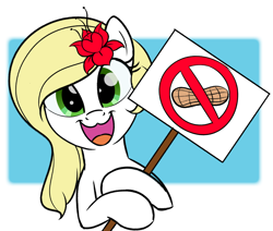 Size: 2710x2299 | Tagged: safe, artist:trash anon, imported from ponybooru, oc, oc only, oc:epithumia, earth pony, pony, blonde, blonde mane, earth pony oc, female, green eyes, holding a sign, looking at you, mare, no nut november, open mouth, open smile, peanut, sign, smiling, smiling at you, solo