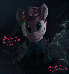 Size: 3000x3185 | Tagged: safe, artist:vultraz, pinkie pie, earth pony, pony, alien covenant, clothes, female, jumpsuit, laser, looking at you, mare, pinktober, sitting, talking, text