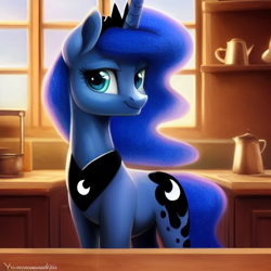 Size: 1024x1024 | Tagged: safe, derpibooru exclusive, editor:dovakkins, imported from derpibooru, princess luna, alicorn, pony, ai content, ai generated, beautiful, crown, cute, female, generator:stable diffusion, jewelry, kitchen, looking at you, mare, peytral, regalia, smiling, smiling at you, solo, wingless