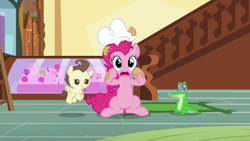 Size: 1280x720 | Tagged: safe, imported from derpibooru, screencap, gummy, pinkie pie, pound cake, earth pony, pegasus, pony, season 5, the one where pinkie pie knows, baby, baby pony, colt, female, foal, looking at you, male, mare, open mouth, reaction image, shocked, trio