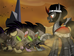 Size: 4000x3000 | Tagged: safe, artist:flaremoon, imported from derpibooru, king sombra, crystal pony, pony, armor, bowing, crystal empire, guard, helmet, mind control, sombra soldier, spear, the crystal empire 10th anniversary, weapon