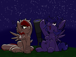 Size: 4000x3000 | Tagged: safe, artist:aryn, imported from derpibooru, oc, oc only, oc:awya lightfeather, oc:stargazermap, pegasus, pony, chest fluff, constellation, night, night sky, sky, stars, telescope