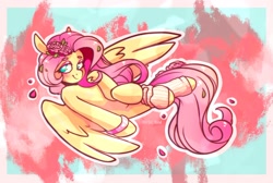 Size: 2048x1377 | Tagged: safe, artist:lrusu, imported from derpibooru, fluttershy, pegasus, pony, bracelet, clothes, cute, flower, flower in hair, jewelry, leg warmers, lidded eyes, looking at you, petals, rose, shyabetes, smiling, smiling at you, solo, spread wings, wings
