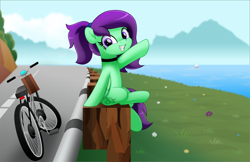 Size: 800x517 | Tagged: safe, artist:jhayarr23, imported from derpibooru, oc, oc only, oc:greenfeather, pegasus, pony, bicycle, boat, mountain, solo, water