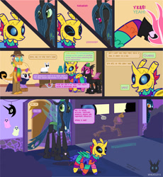 Size: 1724x1874 | Tagged: safe, artist:wheatley r.h., derpibooru exclusive, imported from derpibooru, queen chrysalis, oc, oc:lara, oc:myoozik the dragon, oc:twi clown, oc:w. rhinestone eyes, changeling, dragon, piñata pony, unicorn, banana, baseball bat, black mage, candy, candy cane, changeling oc, clone, clothes, clown makeup, comic, costume, crowbar, disguise, disguised changeling, dragon oc, dragoness wheatley, fangs, female, food, glasses, glowing, glowing horn, hippie, horn, magic, male, mare, nightmare night, non-pony oc, pants, piñata, round glasses, scepter, stallion, sword, telekinesis, unicorn oc, vector, watermark, weapon