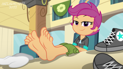 Size: 8000x4500 | Tagged: safe, artist:metalhead97, imported from derpibooru, scootaloo, human, equestria girls, barefoot, cafeteria, chair, clothes, commission, converse, cute, cutealoo, feet, feet on table, fetish, foot fetish, foot focus, lidded eyes, presenting, raised eyebrow, reclining, shoes, show accurate, sitting, smiling, smirk, smug, socks, soles, solo, toes