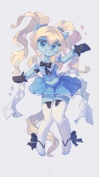 Size: 671x1200 | Tagged: safe, artist:saxopi, imported from derpibooru, oc, oc only, semi-anthro, bow, clothes, dress, looking at you, midriff, skirt, smiling, solo, stockings, thigh highs