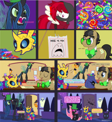 Size: 1724x1874 | Tagged: safe, artist:wheatley r.h., derpibooru exclusive, imported from derpibooru, diamond tiara, filthy rich, queen chrysalis, oc, oc:captain price, oc:lara, oc:w. rhinestone eyes, changeling, earth pony, pegasus, piñata pony, bag, candy, candy bag, changeling oc, chocolate bar, clothes, comic, costume, disguise, disguised changeling, dragoness wheatley, fangs, female, food, glasses, hat, hissing, male, mare, night, night sky, nightmare night, pegasus oc, piñata, round glasses, scared, sky, stallion, stars, vector, watermark