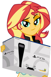 Size: 3039x4572 | Tagged: safe, artist:emeraldblast63, imported from derpibooru, sunset shimmer, human, equestria girls, box, european, looking at you, playstation 5, simple background, smugset shimmer, solo, sony, transparent background