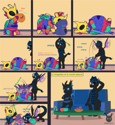 Size: 1724x1874 | Tagged: safe, artist:wheatley r.h., derpibooru exclusive, imported from derpibooru, oc, oc:w. rhinestone eyes, changeling, piñata pony, angry, bag, belly, big belly, bowl, burst, candy, candy bag, changeling oc, clothes, comic, costume, couch, dragoness wheatley, eating, fangs, food, heterochromia, honeypot changeling, male, newspaper, piñata, popping, scared, spanish, spread wings, stallion, stick, stuffed belly, table, tongue out, upset, vector, watermark, wings