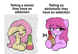 Size: 2388x1668 | Tagged: safe, artist:moozua, derpibooru exclusive, imported from derpibooru, berry punch, berryshine, fluttershy, pony, alcohol, bee movie, bee movie script, berrytube, bong, bottle, bust, crying, drugs, duo, female, floppy ears, flutterhigh, grin, high, mare, marijuana, open mouth, simple background, smiling, white background