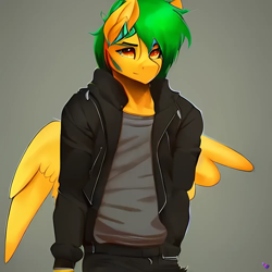 Size: 1024x1024 | Tagged: safe, imported from derpibooru, oc, oc:galder rust, anthro, pegasus, ai content, ai generated, clothes, generator:purplesmart.ai, generator:stable diffusion, jacket, looking at you, simple background, solo