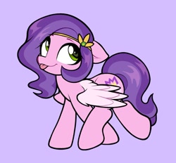 Size: 1157x1073 | Tagged: safe, artist:moozua, imported from derpibooru, pipp petals, pegasus, pony, :p, adorapipp, backwards cutie mark, cute, female, floppy ears, g5, jewelry, mare, purple background, silly, silly pony, simple background, solo, tiara, tongue out