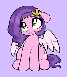 Size: 949x1087 | Tagged: safe, artist:moozua, imported from derpibooru, pipp petals, pegasus, pony, adorapipp, backwards cutie mark, cute, female, floppy ears, g5, jewelry, mare, purple background, simple background, smiling, solo, tiara