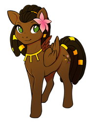 Size: 800x1066 | Tagged: safe, artist:value_color, imported from derpibooru, oc, oc only, oc:akina, pegasus, pony, africa, african, brown coat, brown mane, dreadlocks, female, flower, flower in hair, green eyes, jewelry, looking at you, mare, necklace, nigeria, no pupils, pegasus oc, simple background, smiling, smiling at you, solo, transparent background