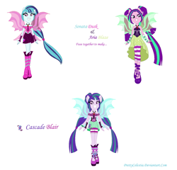 Size: 1342x1286 | Tagged: safe, artist:prettycelestia, imported from derpibooru, aria blaze, sonata dusk, oc, oc:cascade blair, equestria girls, boots, clothes, disguise, disguised siren, fusion, fusion:aria blaze, fusion:arisona, fusion:sonata dusk, gem, hairclip, high heel boots, multiple arms, ponied up, shoes, siren gem, sirenified, species swap, stockings, thigh highs