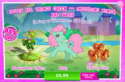 Size: 1962x1297 | Tagged: safe, idw, imported from derpibooru, minty, earth pony, pony, advertisement, bush, costs real money, english, female, flower, g1, g3, g4, gameloft, idw showified, mare, my little pony: magic princess, numbers, official, river, sale, solo, solo focus, stream, text, that pony sure does love socks, water