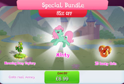 Size: 1258x861 | Tagged: safe, idw, imported from derpibooru, minty, earth pony, pony, bundle, bush, costs real money, english, female, flower, g1, g3, g3 to g1, g4, gameloft, generation leap, idw showified, mare, my little pony: magic princess, numbers, official, sale, solo, solo focus, text