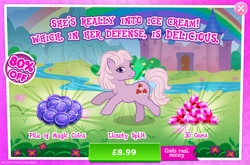 Size: 1961x1298 | Tagged: safe, idw, imported from derpibooru, lickety split, lickety-split, earth pony, pony, advertisement, bow, costs real money, english, female, g1, g4, gameloft, gem, idw showified, magic coins, mare, my little pony: magic princess, numbers, official, river, sale, solo, solo focus, stream, tail, tail bow, text, that pony sure does love ice cream, water