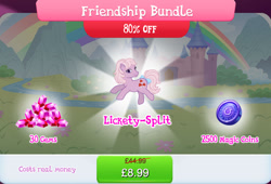 Size: 1262x857 | Tagged: safe, idw, imported from derpibooru, lickety split, lickety-split, earth pony, pony, bow, bundle, costs real money, english, female, g1, g4, gameloft, gem, idw showified, magic coins, mare, my little pony: magic princess, numbers, official, sale, solo, solo focus, tail, tail bow, text