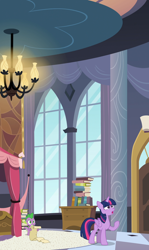 Size: 1920x3214 | Tagged: safe, composite screencap, edit, edited screencap, imported from derpibooru, screencap, spike, twilight sparkle, alicorn, dragon, pony, princess twilight sparkle (episode), bed, bedroom, book, canterlot, pencil, scroll, twilight sparkle (alicorn)