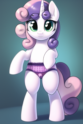 Size: 512x768 | Tagged: safe, imported from derpibooru, sweetie belle, pony, unicorn, ai content, ai generated, bipedal, clothes, female, filly, foal, frilly underwear, generator:novelai, gradient background, lace underwear, looking at you, purple underwear, smiling, smiling at you, solo, underwear