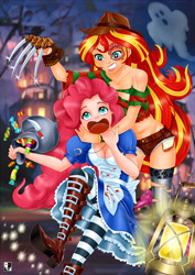 Size: 1000x1414 | Tagged: safe, artist:lord--opal, imported from derpibooru, pinkie pie, sunset shimmer, ghost, human, undead, equestria girls, a nightmare on elm street, alice, american mcgee's alice, breasts, candy, cleavage, clothes, costume, crossover, duo, duo female, female, food, freddy krueger, halloween, halloween costume, human coloration, knife, lantern, open mouth, sweets