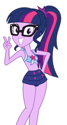 Size: 3111x5768 | Tagged: safe, artist:keronianniroro, edit, imported from derpibooru, vector edit, sci-twi, twilight sparkle, human, equestria girls, equestria girls series, forgotten friendship, adorkable, bare shoulders, bikini, clothes, cute, dork, female, front knot midriff, glasses, grin, looking at you, meganekko, midriff, one-piece swimsuit, peace sign, ponytail, sci-twi swimsuit, simple background, sleeveless, smiling, solo, swimsuit, transparent background, twiabetes, vector