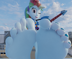 Size: 2311x1880 | Tagged: safe, artist:lulw73, imported from derpibooru, rainbow dash, human, equestria girls, 3d, barefoot, electric guitar, feet, female, fetish, foot fetish, foot focus, giantess, guitar, guitar solo, looking at you, macro, musical instrument, nail polish, one eye closed, playing guitar, scrunching toes, soles, source filmmaker, toenail polish, toes, wiggling toes, wink, winking at you