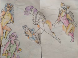 Size: 4018x3029 | Tagged: source needed, safe, artist:juniorxxx24, imported from derpibooru, pipp petals, rarity, anthro, bat, fox, pegasus, unicorn, breasts, carmelita fox, clothes, flying, g5, happy, jetpack, krystal, leotard, rouge the bat, sky, sly cooper, sonic the hedgehog (series), star fox, traditional art