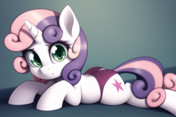 Size: 768x512 | Tagged: safe, imported from derpibooru, sweetie belle, pony, unicorn, ai content, ai generated, alternate cutie mark, clothes, female, filly, foal, generator:novelai, gradient background, looking at you, lying down, panties, prone, purple underwear, red underwear, smiling, smiling at you, solo, tail, tail hole, underwear