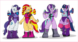 Size: 1213x659 | Tagged: safe, artist:zkfanart, imported from derpibooru, rarity, starlight glimmer, sunset shimmer, twilight sparkle, anthro, unicorn, breasts, clothes, hand on hip, jetpack, leotard, standing, thong leotard, unicorn twilight