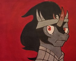 Size: 1648x1334 | Tagged: safe, artist:polar_storm, imported from derpibooru, king sombra, pony, umbrum, unicorn, armor, bust, crown, frown, jewelry, red background, red eyes, regalia, simple background, solo, the crystal empire 10th anniversary
