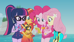 Size: 1920x1080 | Tagged: safe, imported from derpibooru, screencap, fluttershy, pinkie pie, sci-twi, sunset shimmer, twilight sparkle, human, equestria girls, equestria girls series, unsolved selfie mysteries, bare shoulders, belly button, bikini, bikini top, cellphone, clothes, female, fluttershy's wetsuit, geode of empathy, geode of fauna, geode of sugar bombs, geode of telekinesis, glasses, hairpin, legs together, magical geodes, one-piece swimsuit, phone, pinkie pie swimsuit, ponytail, sarong, sci-twi swimsuit, sleeveless, smartphone, swimsuit, water, wetsuit