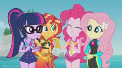 Size: 1920x1080 | Tagged: safe, imported from derpibooru, screencap, fluttershy, pinkie pie, sci-twi, sunset shimmer, twilight sparkle, human, equestria girls, equestria girls series, unsolved selfie mysteries, bare shoulders, belly button, bikini, bikini top, cellphone, clothes, eyes closed, female, fluttershy's wetsuit, geode of empathy, geode of fauna, geode of sugar bombs, geode of telekinesis, glasses, hairpin, legs together, magical geodes, one-piece swimsuit, phone, pinkie pie swimsuit, ponytail, sarong, sci-twi swimsuit, sleeveless, smartphone, swimsuit, water, wetsuit