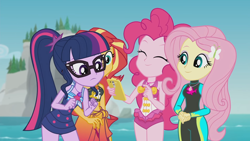 Size: 1920x1080 | Tagged: safe, imported from derpibooru, screencap, fluttershy, pinkie pie, sci-twi, sunset shimmer, twilight sparkle, human, equestria girls, equestria girls series, unsolved selfie mysteries, bare shoulders, belly button, bikini, bikini top, cellphone, clothes, eyes closed, female, fluttershy's wetsuit, geode of empathy, geode of fauna, geode of sugar bombs, geode of telekinesis, glasses, hairpin, legs together, magical geodes, one-piece swimsuit, phone, pinkie pie swimsuit, ponytail, sarong, sci-twi swimsuit, sleeveless, smartphone, swimsuit, water, wetsuit