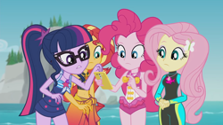 Size: 1920x1080 | Tagged: safe, imported from derpibooru, screencap, fluttershy, pinkie pie, sci-twi, sunset shimmer, twilight sparkle, human, equestria girls, equestria girls series, unsolved selfie mysteries, bare shoulders, belly button, bikini, bikini top, cellphone, clothes, female, fluttershy's wetsuit, geode of empathy, geode of fauna, geode of sugar bombs, geode of telekinesis, glasses, hairpin, legs together, magical geodes, one-piece swimsuit, phone, pink swimsuit, pinkie pie swimsuit, ponytail, sarong, sci-twi swimsuit, sleeveless, smartphone, swimsuit, water, wetsuit